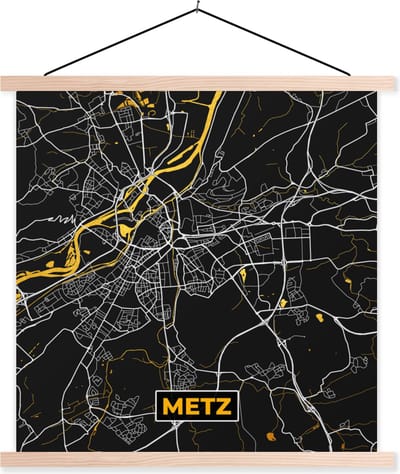 Posterhanger incl. Poster 40x40 cm - Schoolplaat - Plattegrond - Metz - Stadskaart - Frankrijk - Kaart - Textielposter - Blanke latten - Stadskaart