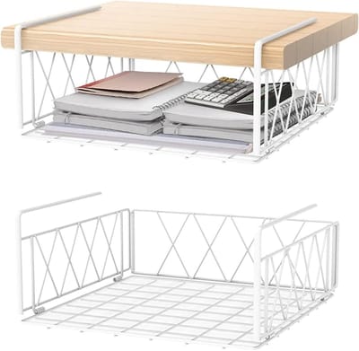 Famanu – Hangmand - rek - 2 stuks hangmanden van metaal - plankhangmand onder kast - hangende opbergmanden voor keuken - eetkamer - kantoor - bureau (wit)