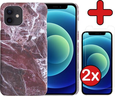 Hoesje Geschikt voor iPhone 12 Mini Hoesje Marmer Hardcover Fashion Case Hoes Met 2x Screenprotector - Hoes Geschikt voor iPhone 12 Mini Marmer Hoesje Hardcase Back Cover - Rood