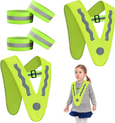 Veiligheidsvest voor Kinderen met Reflecterende Strepen – V-vormig Reflecterend Vest met 4 Reflecterende Armbanden – Ideaal voor Fietsen, Hardlopen, School en Sportactiviteiten voor Kinderen van 2-12 Jaar