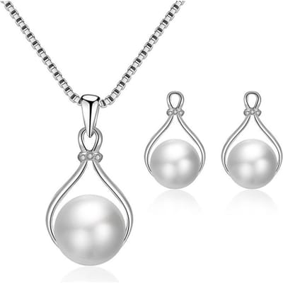 Ensemble Collier Boucles d'Oreilles pour Femmes Simple Élégant Tempérament Alliage Chaîne Argentée Collier de Perles et