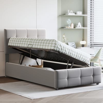 Kinderbed met hydraulische opbergruimte - Verstelbaar hoofdbord - 90x200 cm - Grijs fluweel - Geschikt voor tiener- en kinderkamer - Inclusief lattenbodem - Belastbaar tot 200 kg