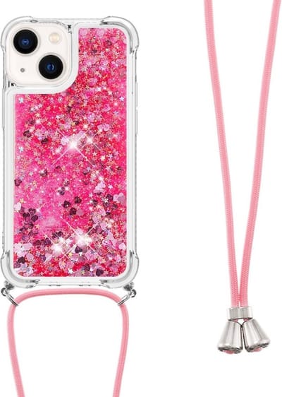 Coverup Hoesje - Geschikt voor iPhone 15 Hoesje - Coverup Liquid Glitter Back Cover met Koord - Pink