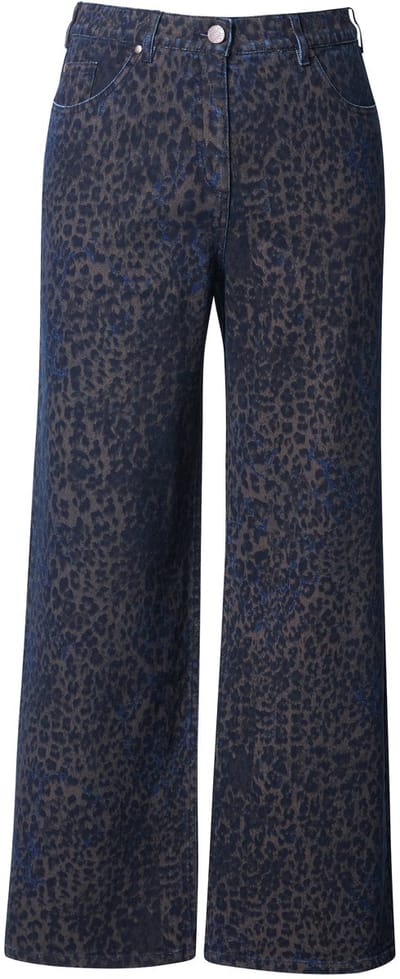 Ulla Popken - Dames - Jeans Mary luipaardpatroon wijde pijpen - Inktblauw - Maat 22