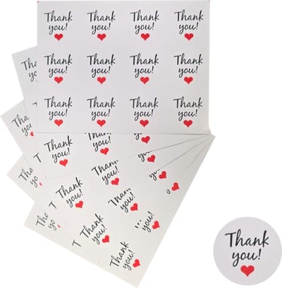 120x Thank You Stickers Op Vel - 38mm - Thank You Red Heart - Sluitsticker - Sluitzegel - Cadeau Sticker - Rood Hartje - Wit - 120 Stuks