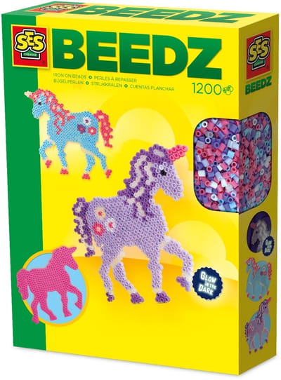 SES Creative - Beedz - Unicorn - Glow in the Dark - 1200 Strijkkralen met Grondplaten en Strijkvellen - Vanaf 5 Jaar