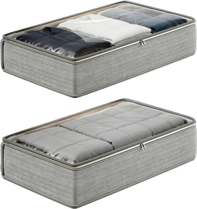 opbergen, 2 stuks, 18 cm hoog, bedorganizer met doorzichtig deksel, opbergdoos, opvouwbare kleding, zachte dekbedden, opslag zonder vaste structuur, 4 handgrepen en 2 ritssluitingen