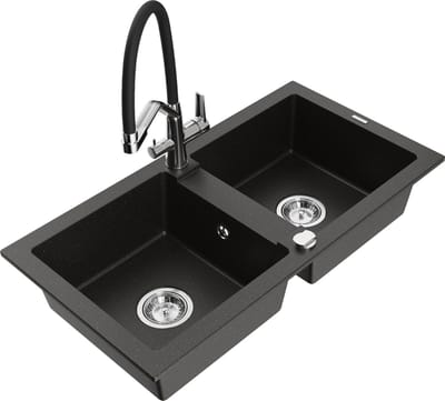 Mexen Mario granieten spoelbak 2-komoren met keukenkraan Duo, zwart/gouden metallic - 6504-75-671701-07