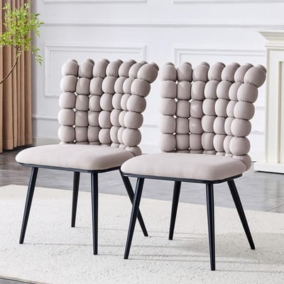 Pugsdrly Eetkamerstoelen van lichtgrijs fluweel met rugleuning met kettingballen (set van 2) – Poten van zwart gespoten metaal + stabiele ondersteuning, moderne en luxueuze stijl, geschikt voor eetkamers, woonkamers en kleedkamers