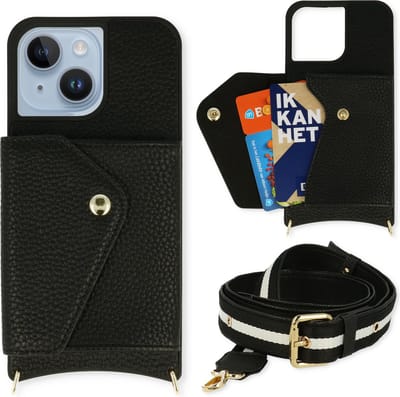 Casemania Hoesje Geschikt voor Apple iPhone 14 Plus - Zwart - Back Cover met Verstelbare Band - Pasjeshouder / Koord