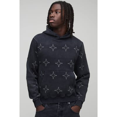 Boxy Washed All Over Rhinestone Hoodie | Charcoal | Size Small