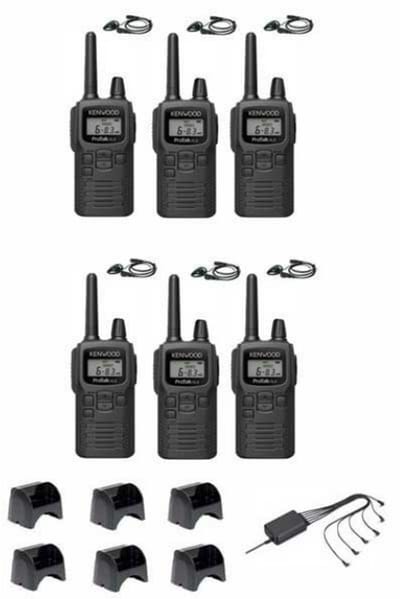 Set van 6 Kenwood PKT-300 ProTalk XLS IP52 PMR446 mini portofoons met D-shape oortje en multilader