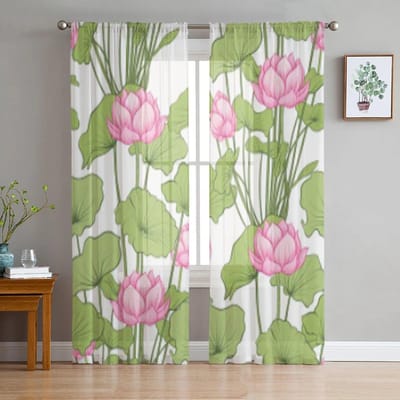 Naadloos Patroon Achtergrond Met Lotusbloem Chiffon Transparante Gordijnen voor Woonkamer Slaapkamer Decoratie Raam Voiles Tule Gordijn 135W x 114H(cm) beige