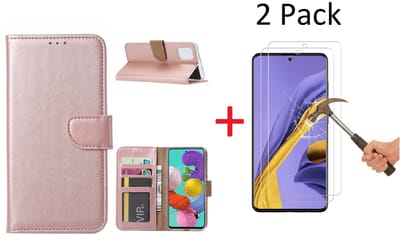Hoesje Geschikt Voor Samsung Galaxy A51 Portemonnee hoesje + 2X Screenprotector - Rose goud