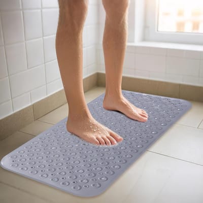 Langwerpige Antislip Bad- en Douchematt, 40 x 88 cm, Met Zuignappen en Afvoergaten, Zacht en Machinewasbaar, Grijs, Veiligheid en Comfort in Badkamer