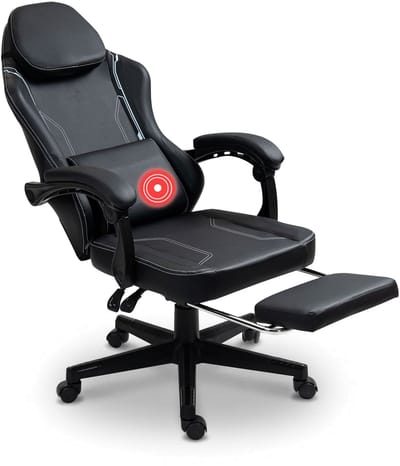 VDD Gaming - Gamestoel met massagefunctie en voetsteun - Gaming chair in de kleur Zwart - Game stoel met nekkussen & verstelbaar rugkussen - Ergonomische bureaustoel met padded armsteunen - Max draagvermogen 150 kg - Verstelbare ruggensteun