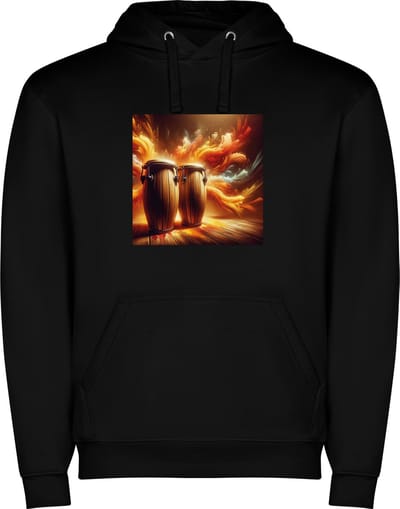 Zwarte unisex hoodie met “ Kleurrijke Bongo drums – Afrikaans – Vuur – Muziek – Vrolijk “ Print Full Color Color merk Roly maat S