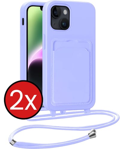 Hoesje Geschikt voor iPhone 14 Hoesje Met Telefoonkoord en Pasjeshouder Siliconen - Hoes Geschikt voor iPhone 14 Hoesje Met Kaarthouder Case - Lila - 2 PACK