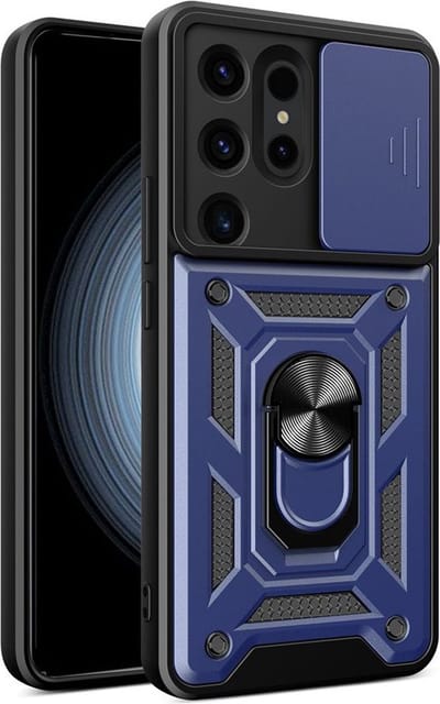 MobyDefend Hoesje - Geschikt voor Samsung Galaxy S24 Ultra - Pantsercase Met Draaibare Ring - Blauw