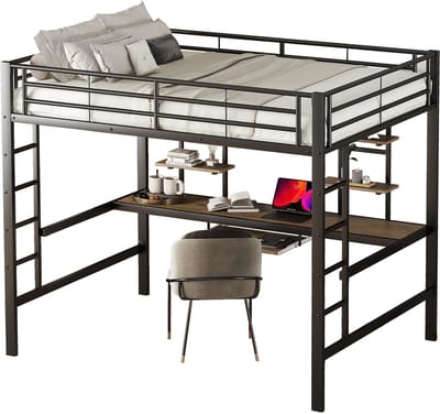 Hoogslaper met bureau en twee boekenplanken - voor kinderen - tieners en volwassenen - 140x200 cm - zwart