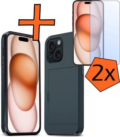 Hoesje Geschikt voor iPhone 15 Hoesje Pasjeshouder Shockproof Hard Case Met 2x Screenprotector - Hoesje Geschikt voor iPhone 15 Hoes Met Kaarthouder - Donkerblauw