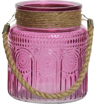 Lumineo windlicht/lantaarn met relief - glas - D14 x H16 cm - fuchsia roze