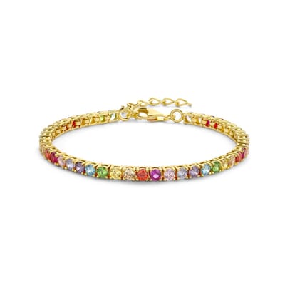 New Bling 9NB-1234 Zilveren Dames Tennisarmband met Gekleurde Zirkonia - Gold Plated - 925 Sterling Zilver - Verstelbaar 16,5-19,5 cm - 3 mm