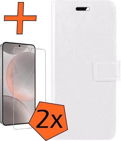 Hoes - Met 2x Screenprotector - Geschikt voor Samsung Galaxy S24 - Luxe Pasjeshouder - Bookcase Portemonee - Flip Case - Kunstleer Book Case - Flipcase Hoes - Book Cover - Walletcase - PortemonneeHoes - Wit
