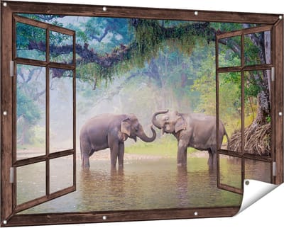 Gards Tuinposter Doorkijk Twee Olifanten in het Water - 150x100 cm - Tuindoek - Tuindecoratie - Wanddecoratie buiten - Tuinschilderij