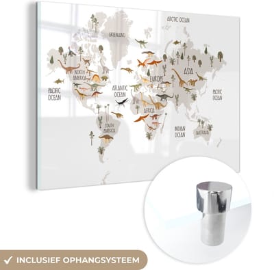 ® Glasschilderij 30x20 cm - Schilderij acrylglas - Wereldkaart kinderen - Dinosaurussen - Kinderkamer - Jongens - Meisjes - Kinderen - Foto op glas - Muurdecoratie woonkamer - Wanddecoratie slaapkamer - Schilderijen