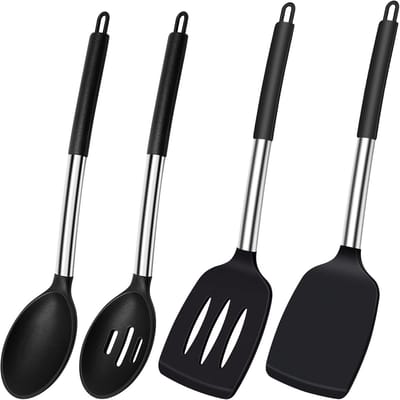 Ynkkvre -Spatels - 4 stuks - Spatel Silicone - BPA vrij - anti-aanbaklaag Siliconen Kookgerei Set - 1x Kookspatel, Lekvrije Spatel, Pannenkoekspatel, Soeplepel - Gemakkelijk Schoon te Maken - Geschikt voor antiaanbakpannen - Zwart