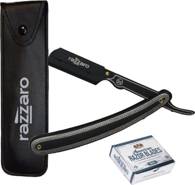 Razzaro Premium Straight Razor Black/Silver + 100 American Scheermesjes | Klassiek Scheermes | Nat scheren | Kappers mes