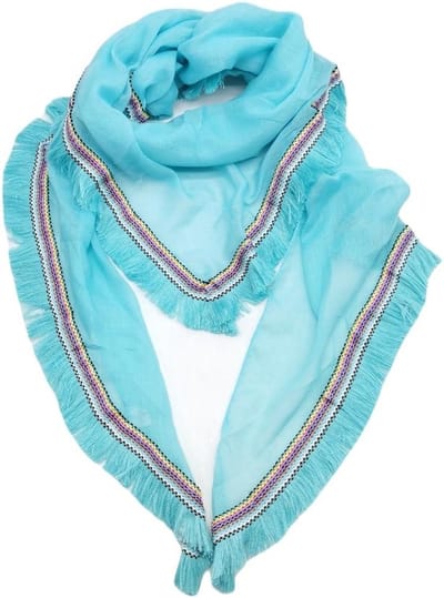 Driehoekige sjaal Donya effen turquoise blauw met fantasierand Ibiza style