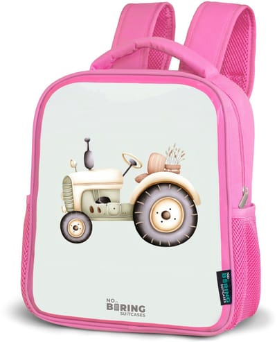 NoBoringSuitcases.com® - Rugzak roze - Schooltas meisjes - Beige vintage tractor in pastel groene kleuren - Kinder rugtas meisje - Boekentas kind - Kinderrugzak voor school - Schoolrugzak