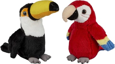 Ravensden - Tropische vogels knuffels - 2x stuks - Rode Papegaai en Toekan - 15 cm