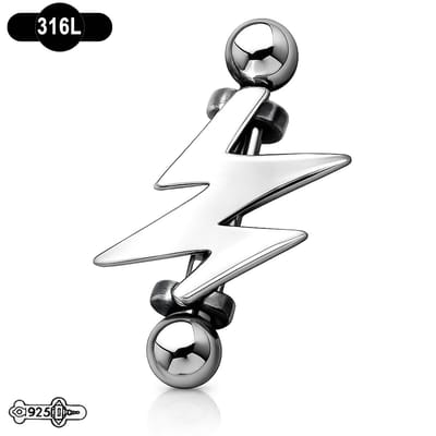 Wenkbrauwpiercing - Bliksemschicht – 316L Chirurgisch Staal Barbell met 925 Zilveren Schild – 14 mm