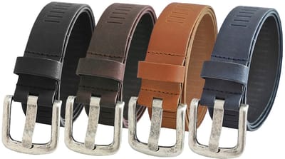 Landley Set met 4 Leren Geperforeerde Sleufjes Riemen - Dames en Heren - Breedte 4 cm - Echt Leer - Zwart / Bruin / Cognac / Blauw - Lengte totaal 105 cm / Riemmaat 85