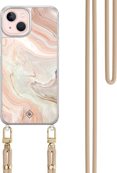 Casimoda® hoesje met beige koord - Geschikt voor iPhone 13 - Marmer Waves - Afneembaar koord - TPU/acryl - Bruin/beige