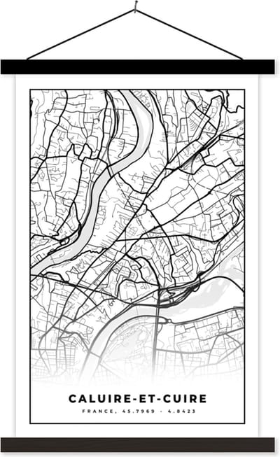 Posterhanger incl. Poster 40x60 cm - Schoolplaat - Stadskaart - Plattegrond - Kaart - Frankrijk - Caluire-et-Cuire - Zwart wit - Textielposter - Zwarte latten - Stadskaart