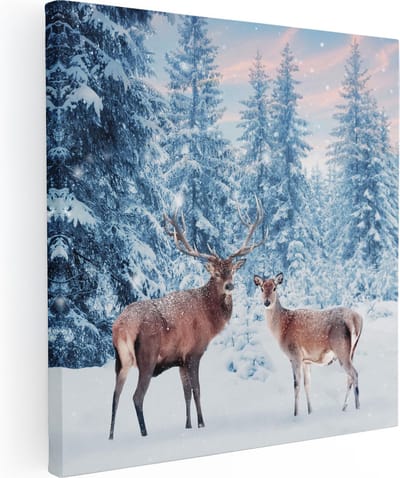Artaza Canvas Schilderij Herten - 30x30 cm - Klein - Wanddecoratie Sneeuw - Muurdecoratie Woonkamer - Kamer Accessoires