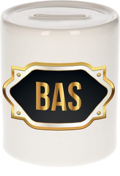 Spaarpot met voornaam Bas - wit - met goud/zwart embleem - 8 x 9 cm - keramiek - met afsluitdop - cadeau verjaardag
