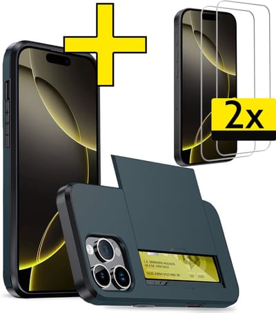 Hoesje Geschikt voor iPhone 16 Pro Hoesje Case Pashouder Hard Cover Met 2x Screenprotector - Hoes Geschikt voor iPhone 16 Pro Hoesje Met Kaarthouder - Donkerblauw