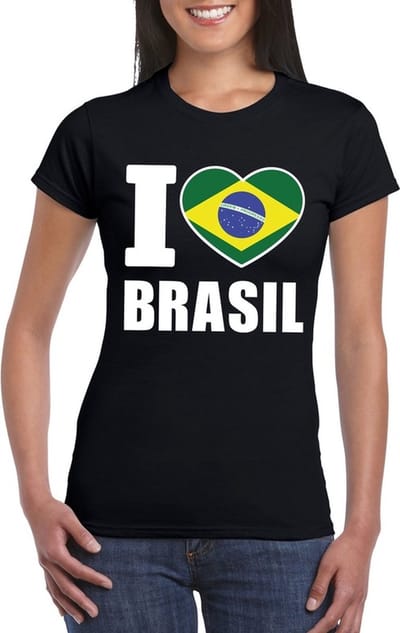 Brazilie supporters kleding t-shirt - voor dames - zwart - met vlag kleuren print - korte mouwen S
