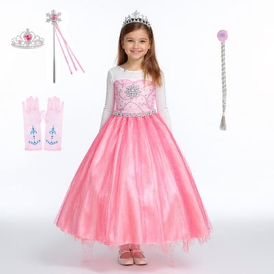 Joya Kids® Verkleed Jurk met Ster Roze | Glamour Jurk met sleep | Prinsessenjurk meisje | Verkleedjurk + Accessoires set | Roze | Maat 110/116 (110)