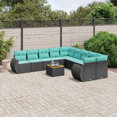 vidaXL - 11-delige - tuinbankset - met - kussens, - zwart - polyrotan