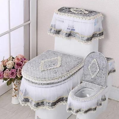 Vier Seizoenen Kant Toiletkussen Driedelig Flanel Print Toiletbril Set met U-vormige Rits Schoonheid Toilet Stofhoes