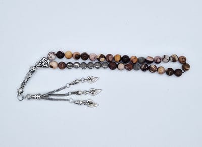 Handgemaakte naam tasbih 33 Kralen Natuursteen “Australia zebra jasper” - met metaal tassel “ Bladeren"- Met je naam of de naam van uw geliefde- 8 mm diameter van de korrel