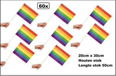 60x Luxe Zwaaivlaggetjes op stok Regenboog 20cm x 30cm - lengte stok 50cm - Zwaai vlaggetjes Pride thema feest rainbow festival uitdeel