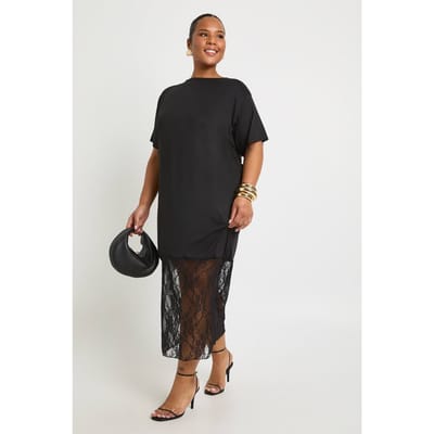 boohoo Dames plus kanten detail midaxi t-shirtjurk | Zwart | Maat: 44