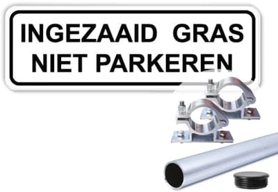 Bord ingezaaid gras - niet parkeren - Weerbestendig Aluminium - 40x15 cm - Bevestiging: Met paal 120 cm + paalbeugels + paaldop